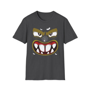 Scary Halloween Monster Face T-Shirt — Creepy Grinning Design with Spider Web