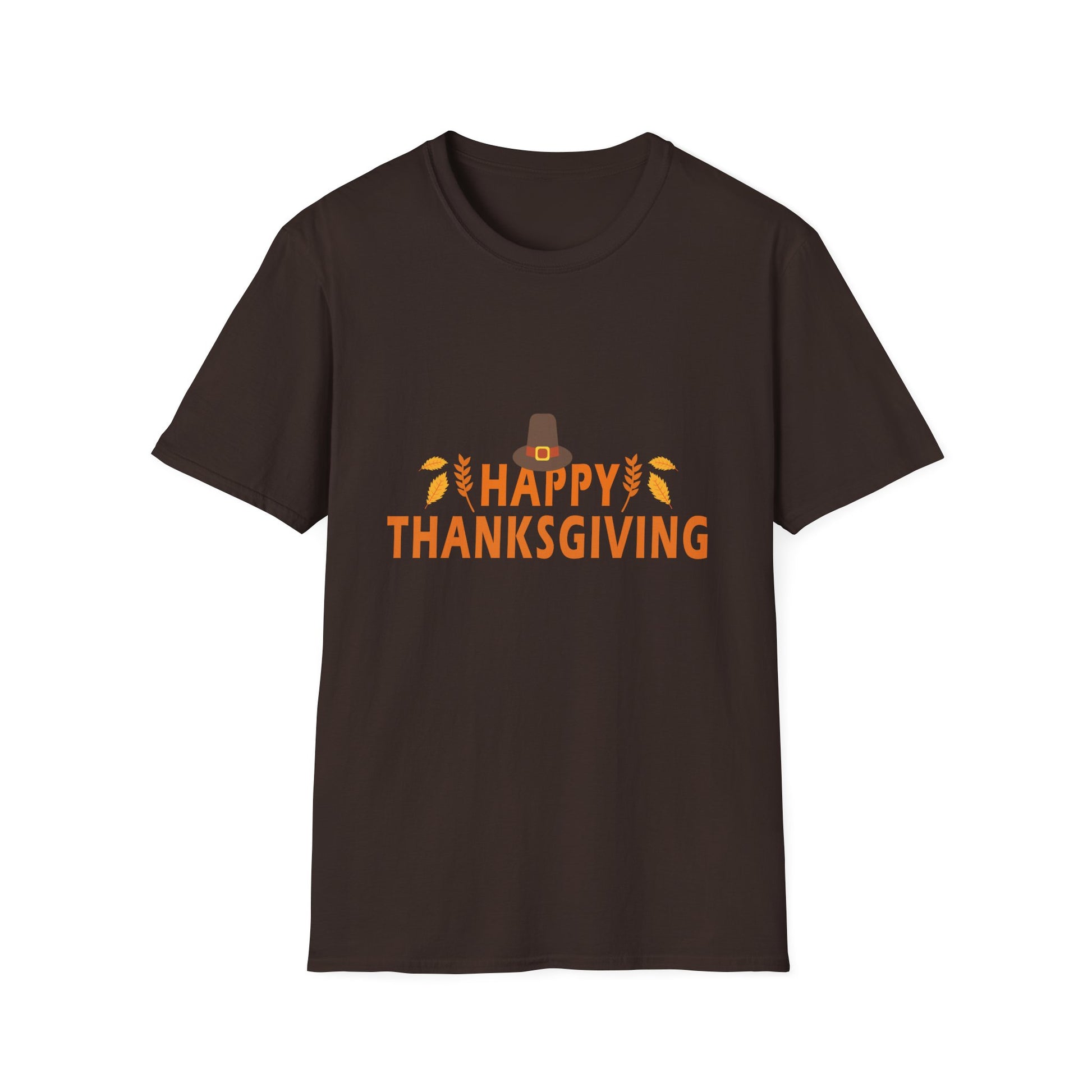 Thanksgiving T-Shirt — "Happy Thanksgiving" Pilgrim Hat & Leaves Holiday Tee