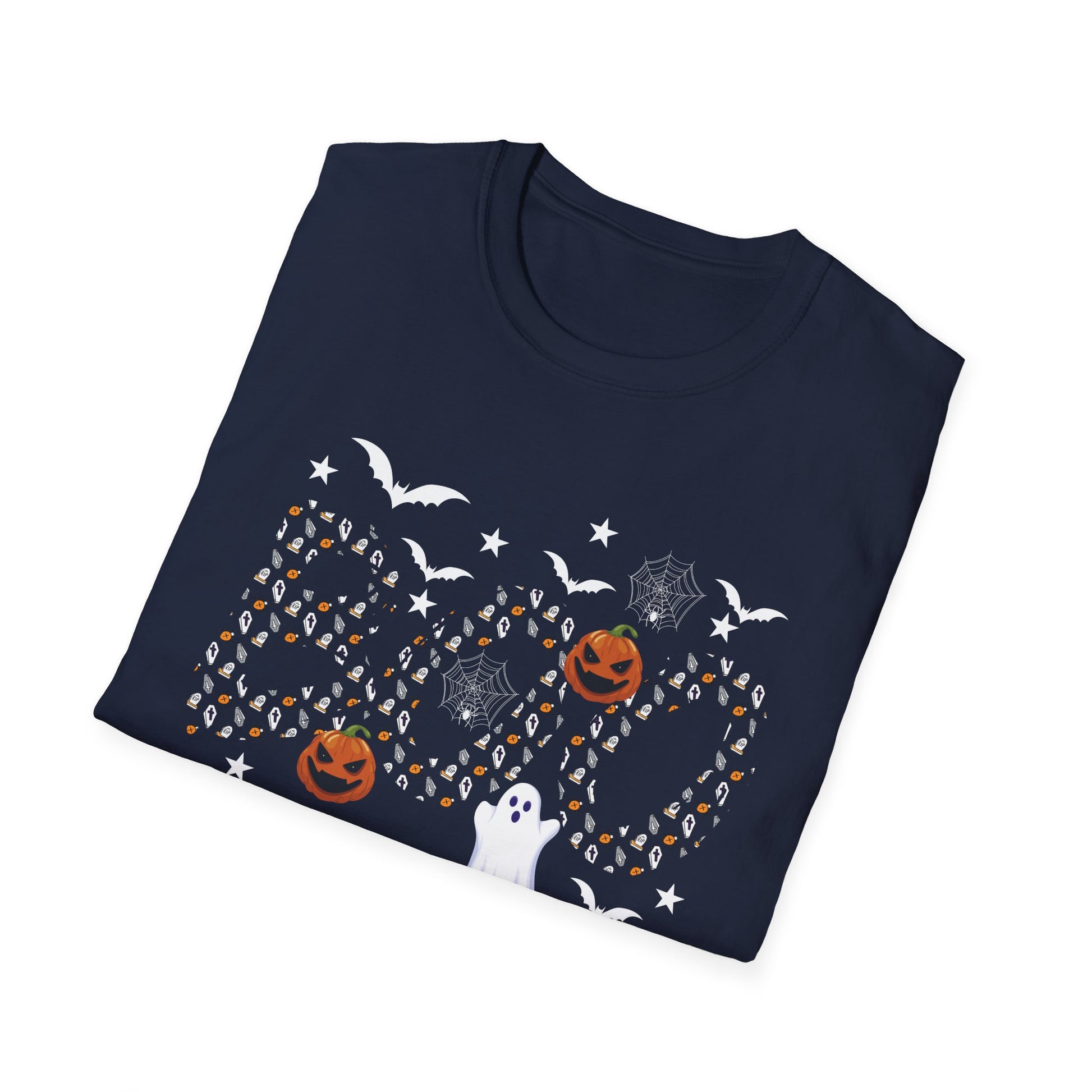 Halloween Boo Ghost Pumpkin T-Shirt — Spooky Bat & Candy Pattern Tee