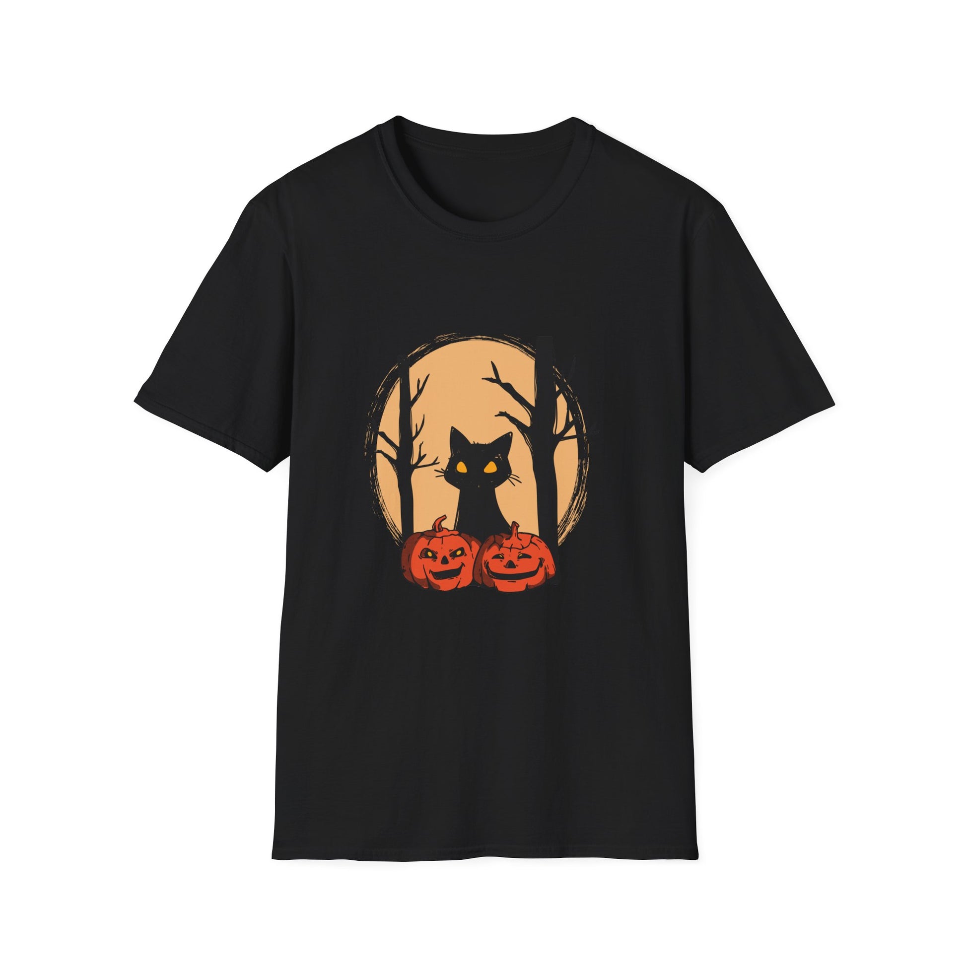 Halloween Cat & Jack-o'-Lantern T‑Shirt — Spooky Pumpkin Night Tee