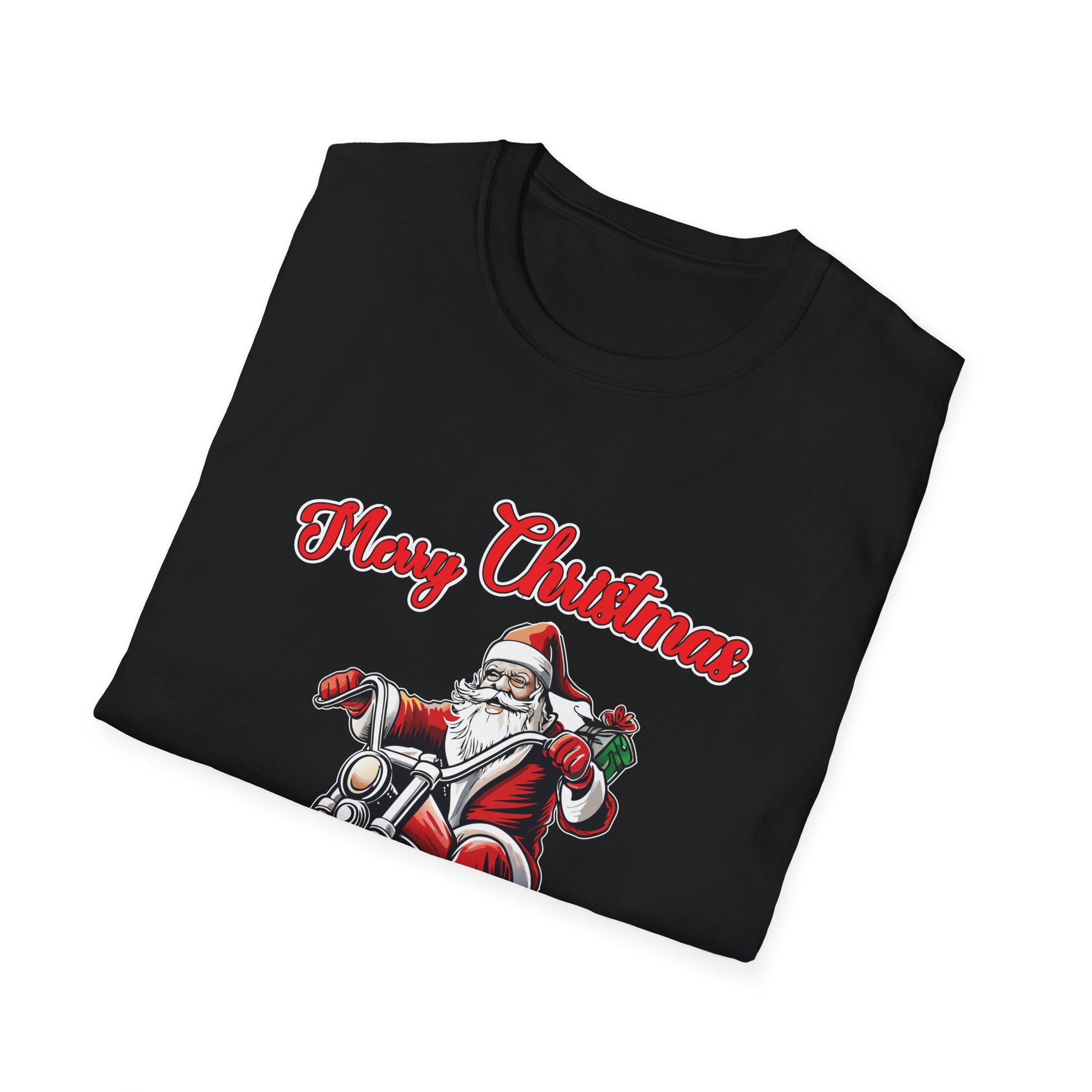 Santa Riding a Motorbike Christmas Tee_ Motorcycle Christmas Unisex Softstyle T-Shirt