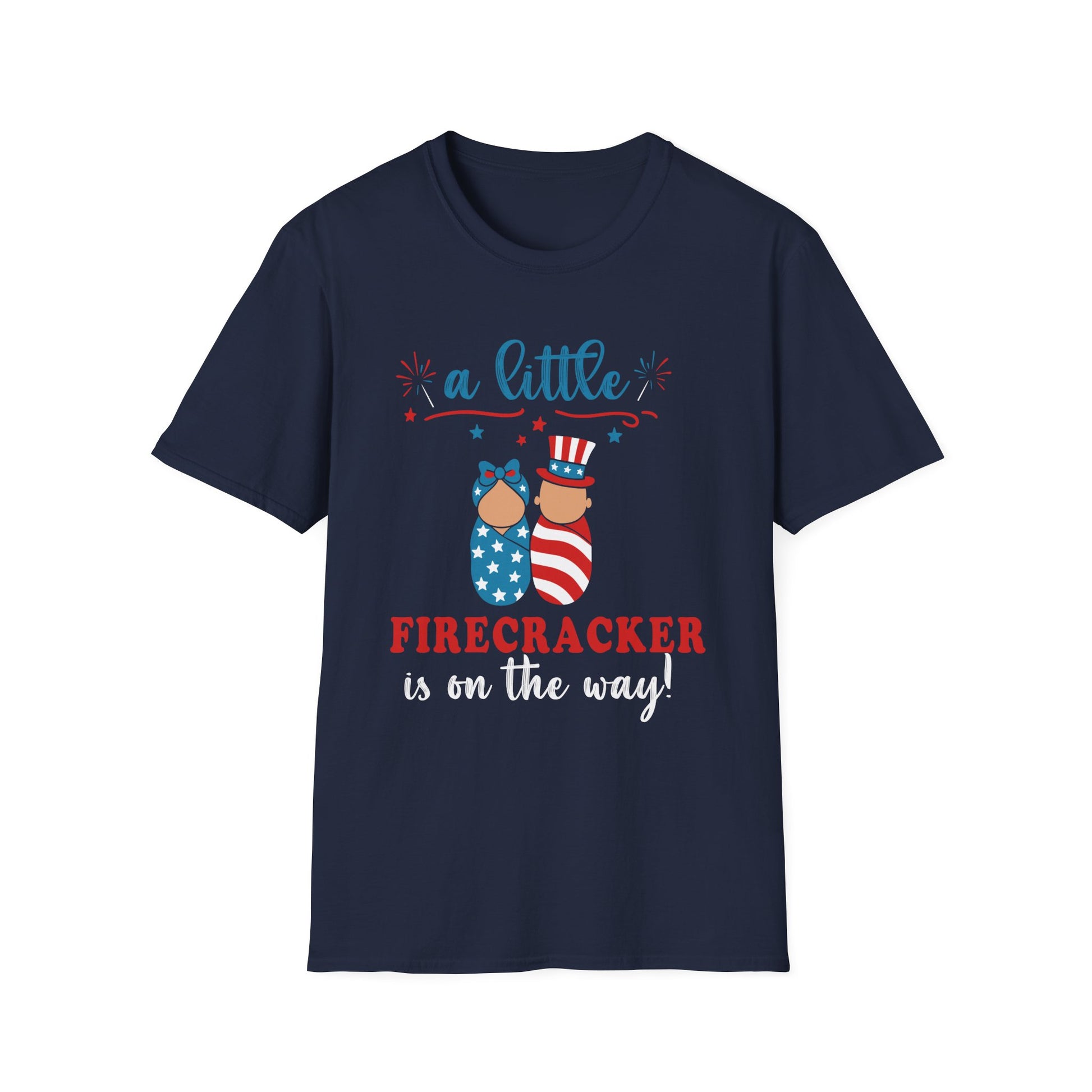 Baby Shower T-Shirt – “A Little Firecracker Is On The Way” Patriotic 4th of July Pregnancy Tee
