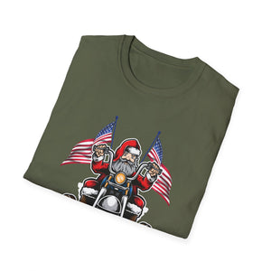 Santa Riding Motorcycle on Christmas - Biker US Flag Unisex Softstyle T-Shirt