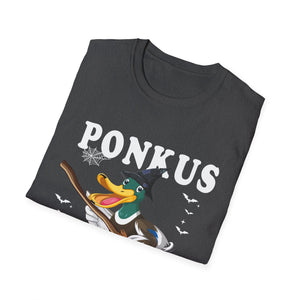 Ponkus Honkus Duck Witch T‑Shirt — Funny Halloween Broomstick Duck Tee