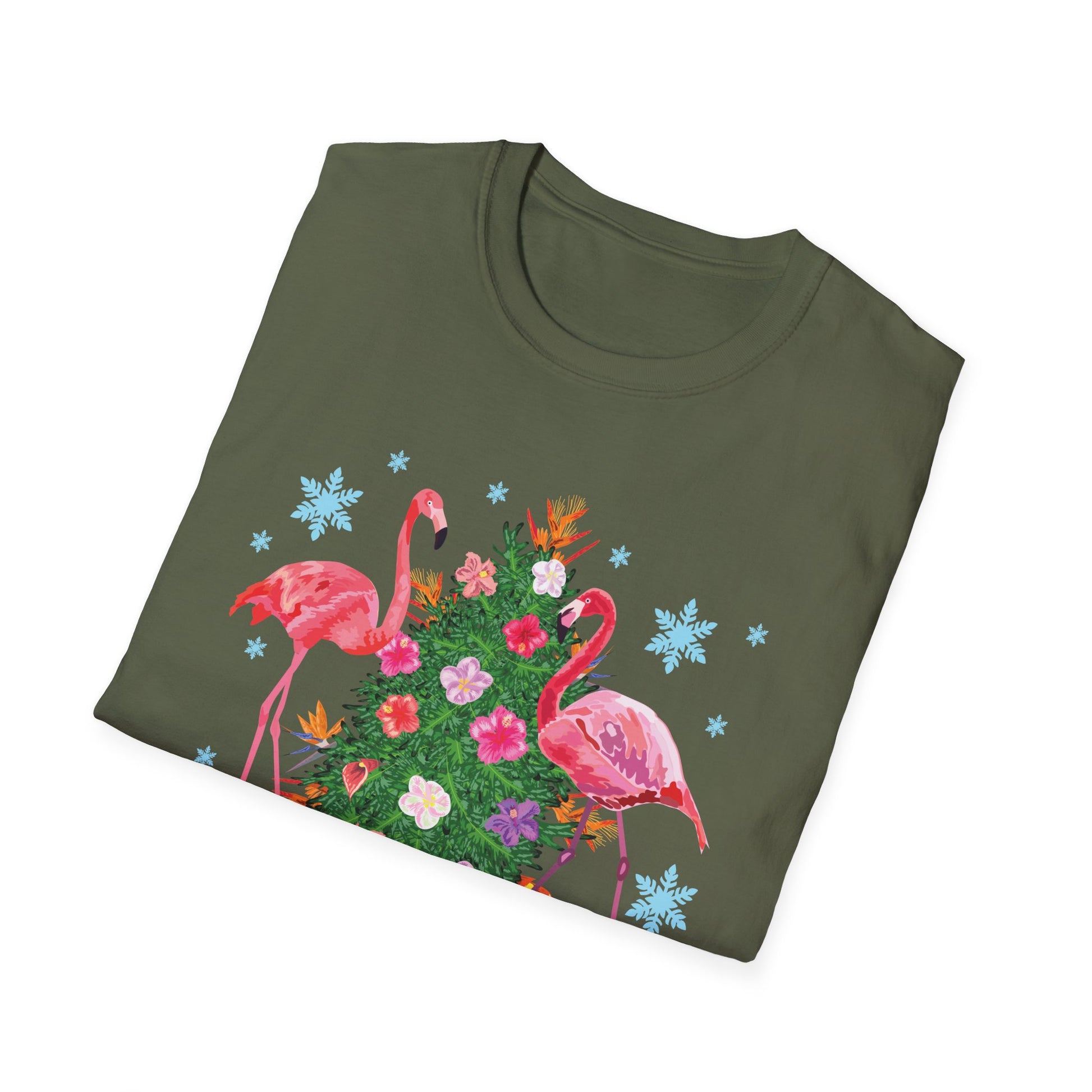 Flamingo Holiday T-Shirt — Festive Flamingos with Christmas Tree