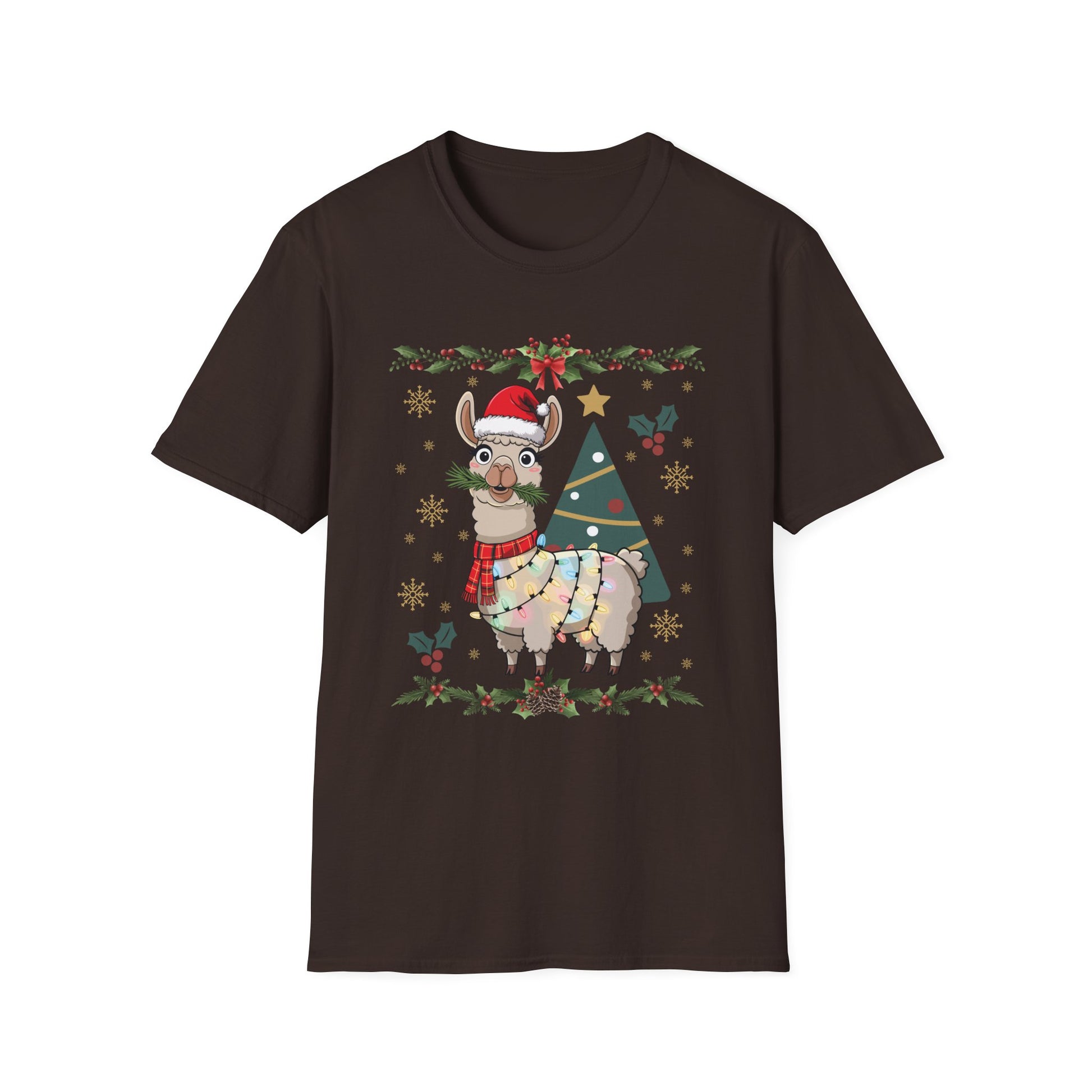 Christmas Llama T-Shirt — Festive Holiday Alpaca with Lights & Tree
