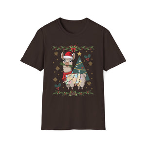 Christmas Llama T-Shirt — Festive Holiday Alpaca with Lights & Tree