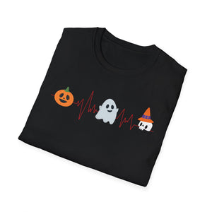 Halloween Heartbeat T-Shirt — Pumpkin, Ghost & Candy Skull Graphic Tee