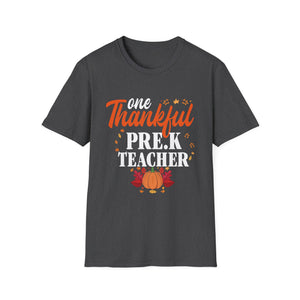 One Thankful Pre-K Teacher T-Shirt — Thanksgiving Teacher Tee with Pumpkin & Leaves  Unisex T-Shirt