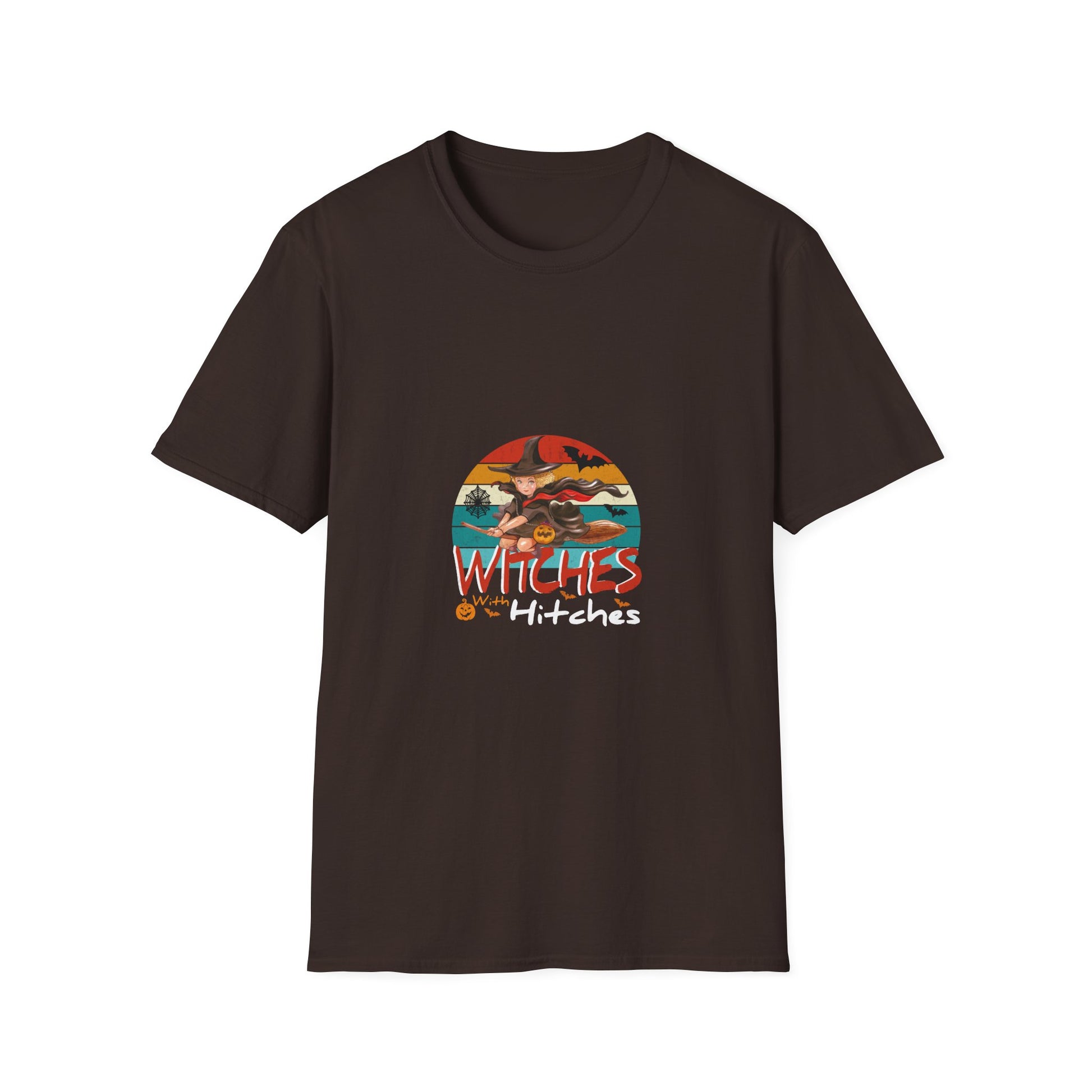Witches With Hitches Halloween T-Shirt — Retro Witch on Broom Graphic