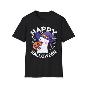 Happy Halloween Ghost T‑Shirt — Cute Witch Hat & Jack‑O’Lantern Graphic