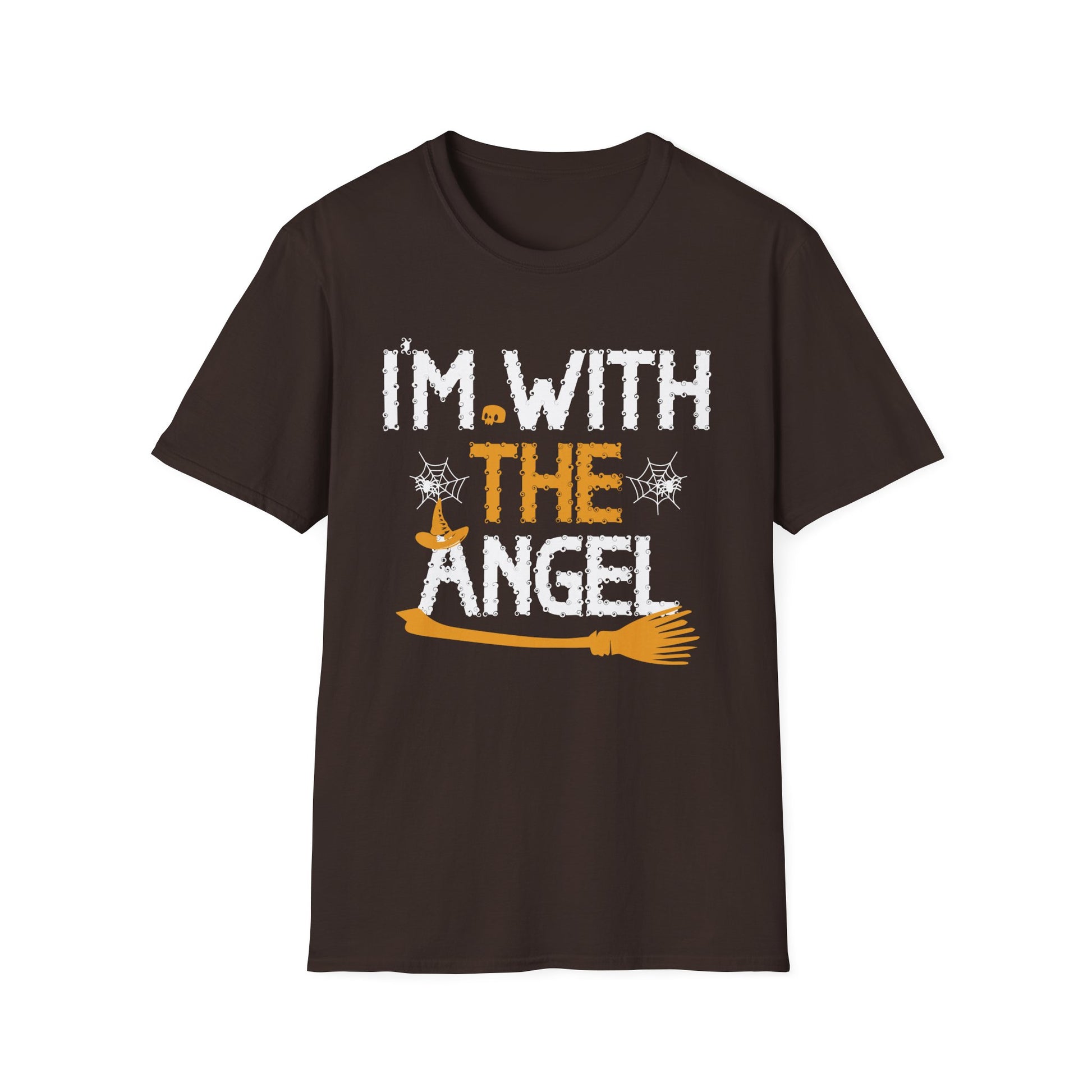 I'm With The Angel Halloween T-Shirt — Funny Witch & Angel Broom Tee