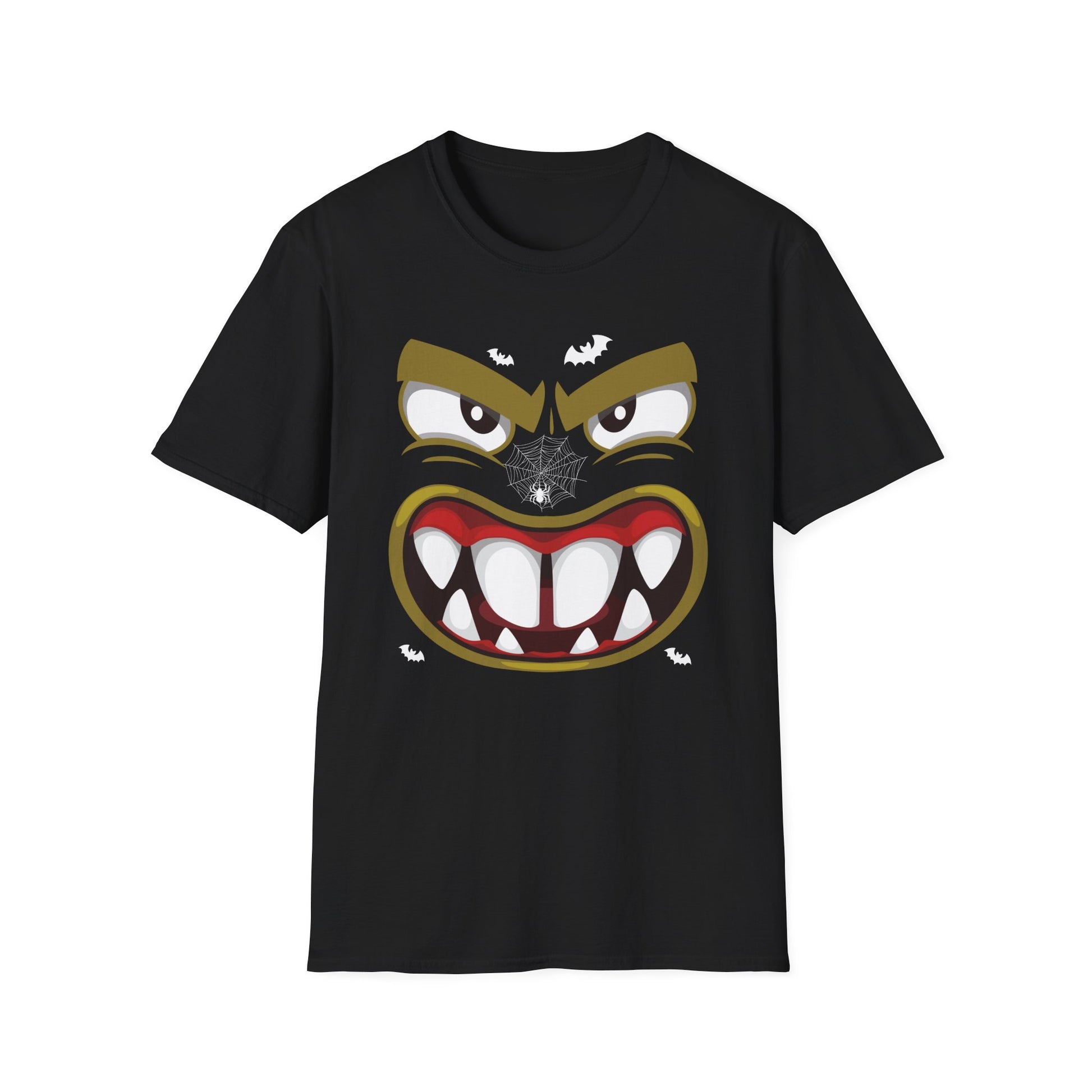 Scary Halloween Monster Face T-Shirt — Creepy Grinning Design with Spider Web