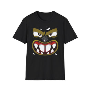 Scary Halloween Monster Face T-Shirt — Creepy Grinning Design with Spider Web