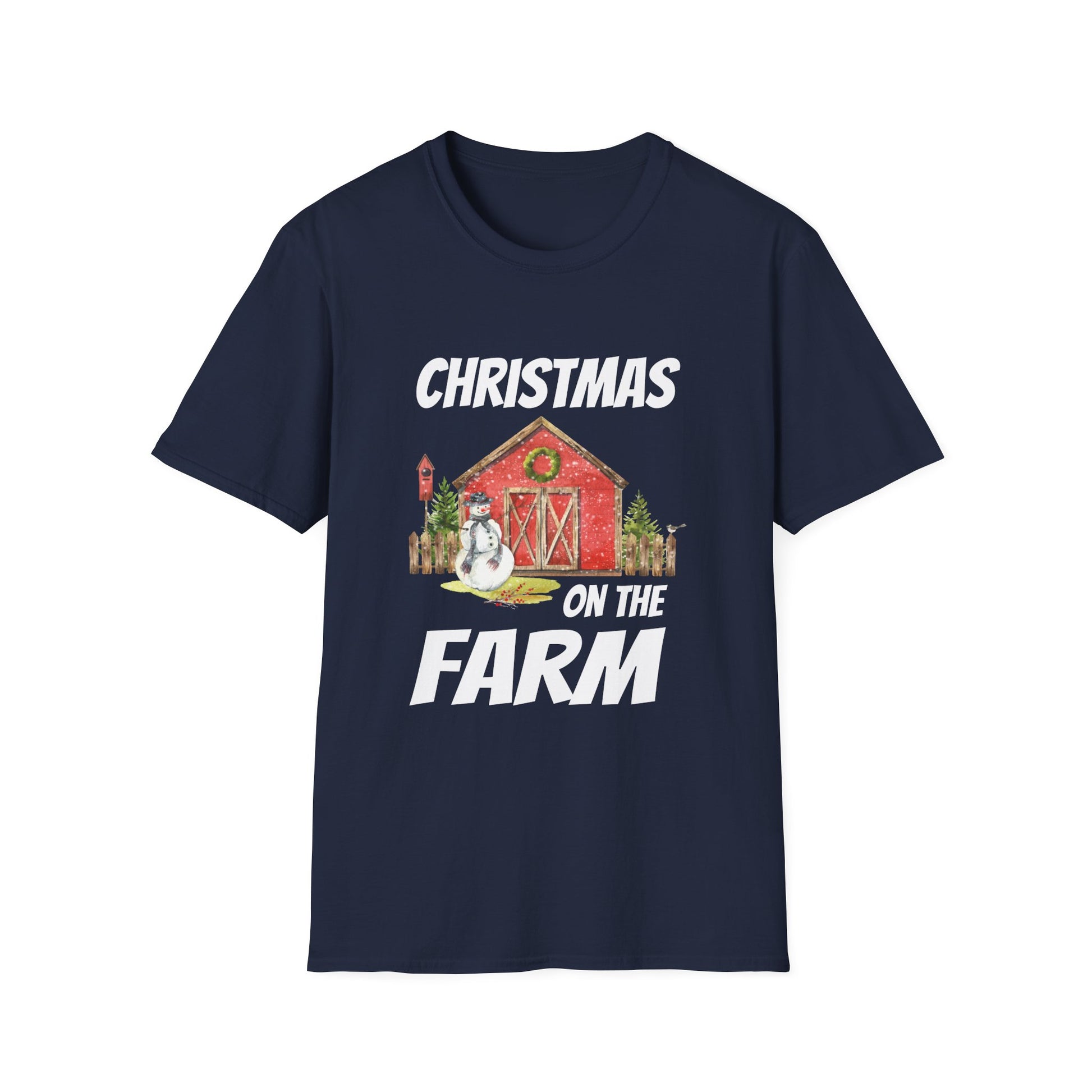 Christmas on the Farm T-Shirt — Holiday Barn & Snowman Farmhouse Tee