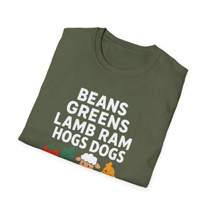 Farm Life T-Shirt — Beans Greens Lamb Ram Hogs Dogs Graphic Tee