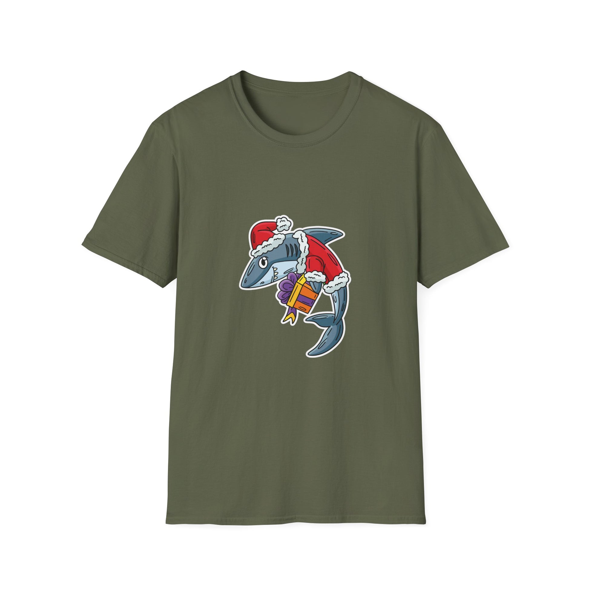 Christmas Shark Graphic T-Shirt — Santa Shark Holding Gifts Holiday Tee