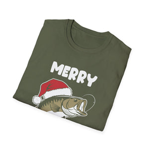 Merry Fishmas T-Shirt — Funny Christmas Fishing Shirt with Santa Hat Bass