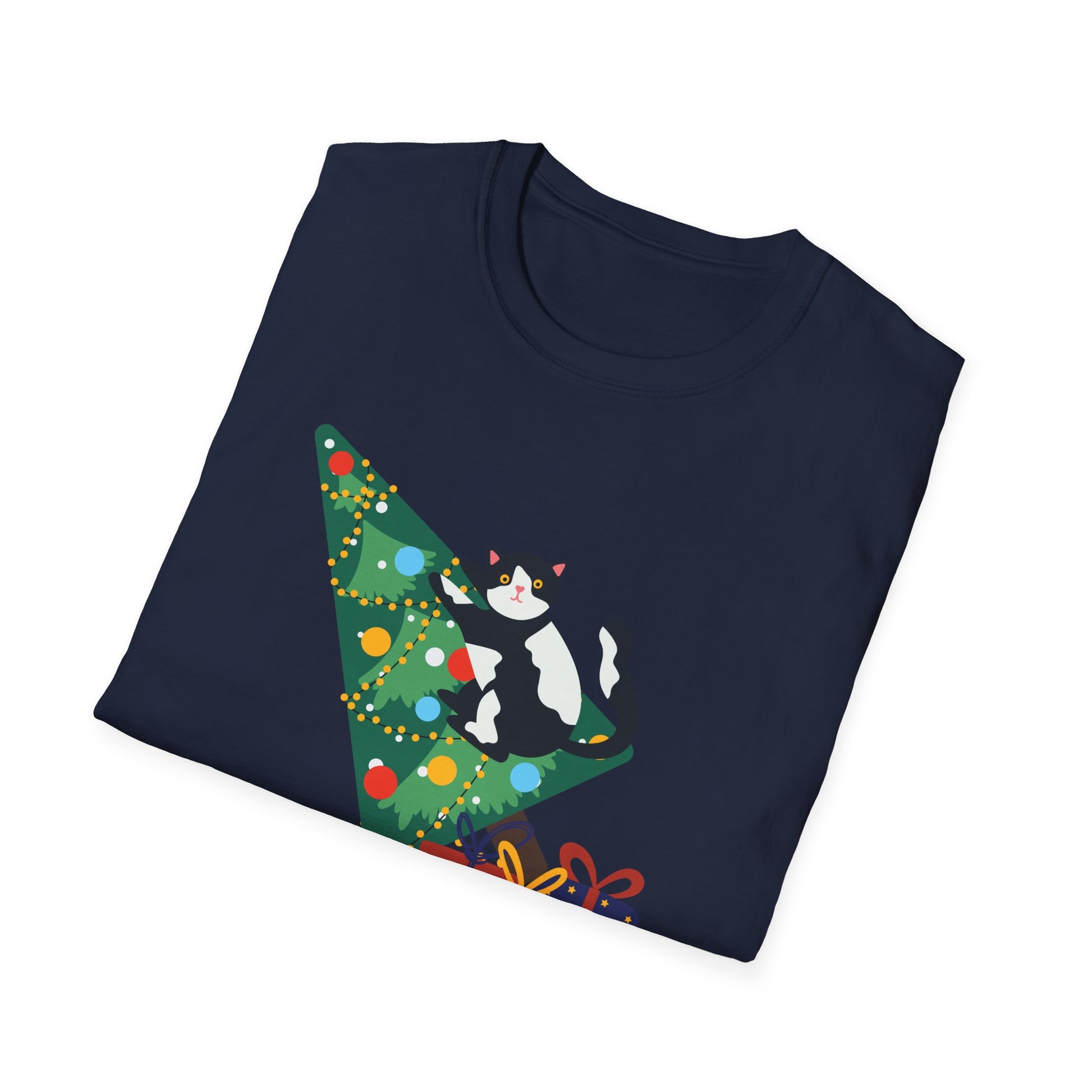 Christmas Cat T‑Shirt — 'WHAT?' Funny Holiday Cat Knocked Over Tree Tee