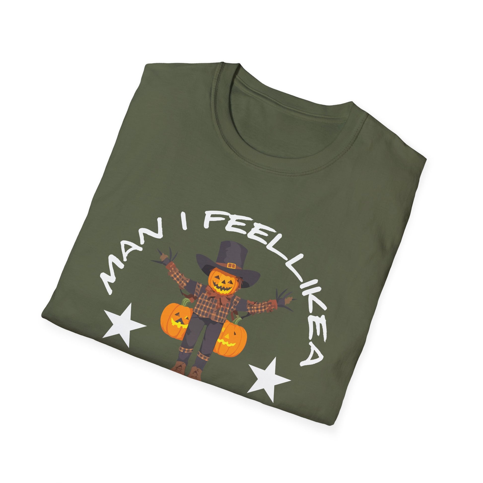 Halloween Teacher T-Shirt - "Man I Feel Like a Teacher" Scarecrow Pumpkin Design