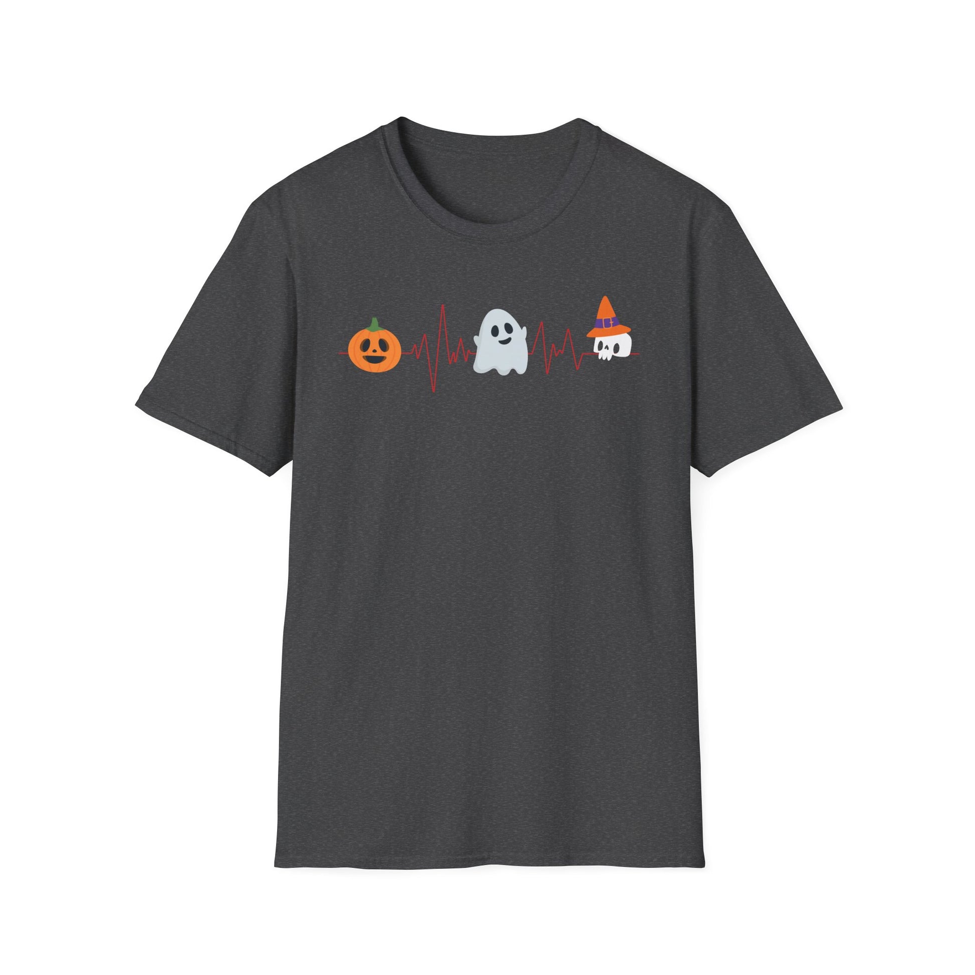 Halloween Heartbeat T-Shirt — Pumpkin, Ghost & Candy Skull Graphic Tee