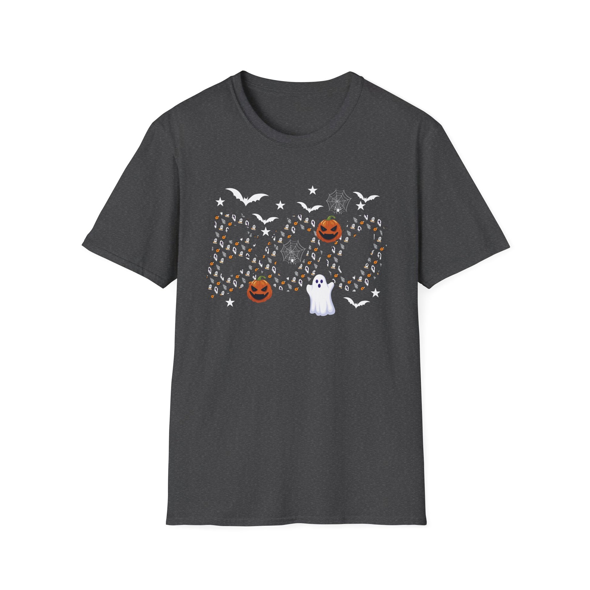 Halloween Boo Ghost Pumpkin T-Shirt — Spooky Bat & Candy Pattern Tee