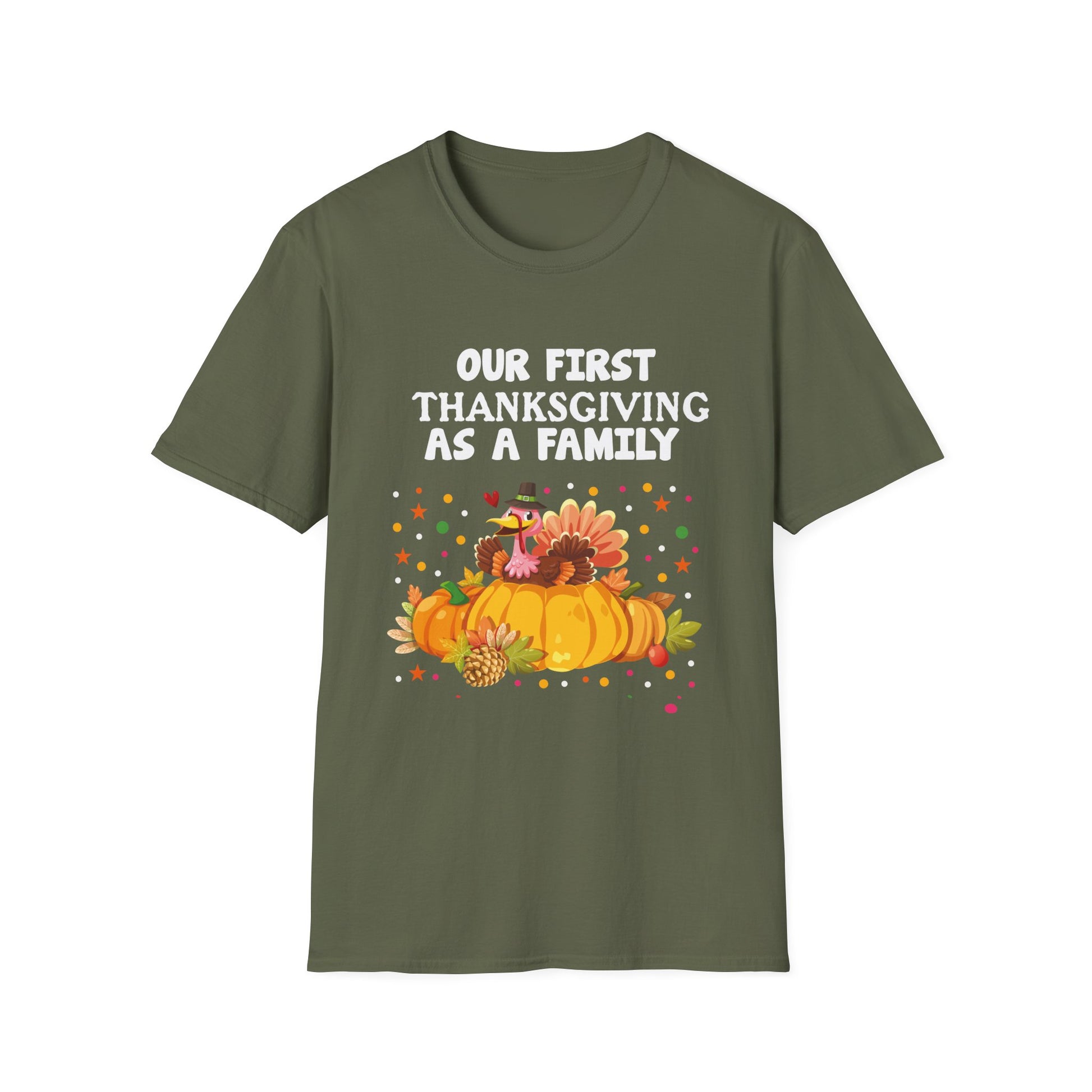 Thanksgiving T-Shirt — “Our First Thanksgiving as a Family” Fall Pumpkin Turkey Tee