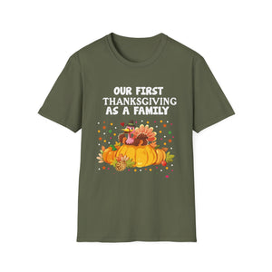 Thanksgiving T-Shirt — “Our First Thanksgiving as a Family” Fall Pumpkin Turkey Tee