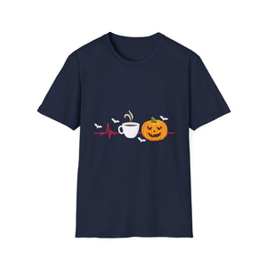 Halloween Coffee T-Shirt — Pumpkin, Bat & Heartbeat Graphic Tee