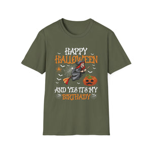 Halloween Birthday T-Shirt – “Happy Halloween And Yes It’s My Birthday” Pumpkin & Witch Tee