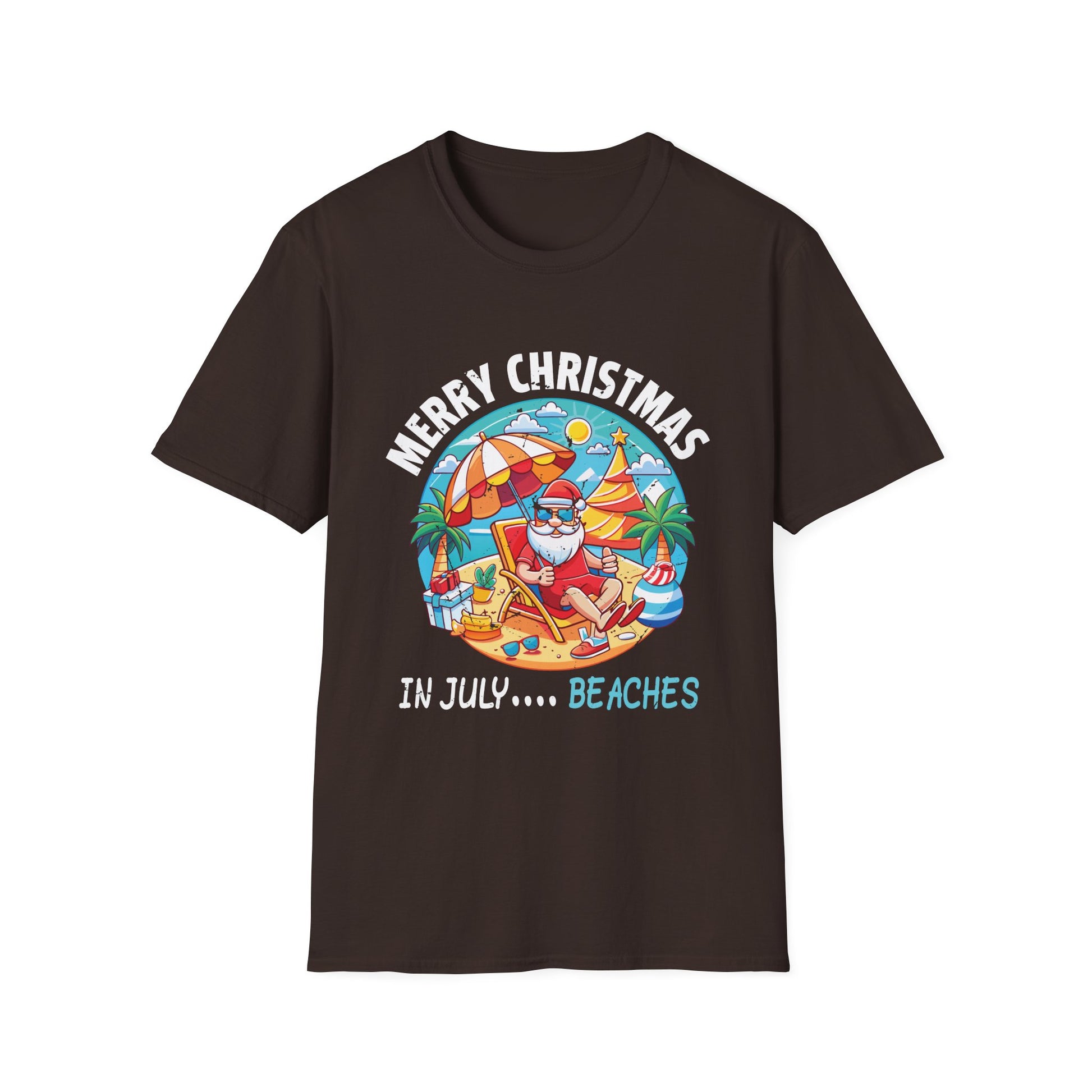 Merry Christmas in July T-Shirt – Santa on the Beach Graphic Tee