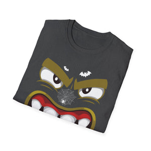 Scary Halloween Monster Face T-Shirt — Creepy Grinning Design with Spider Web