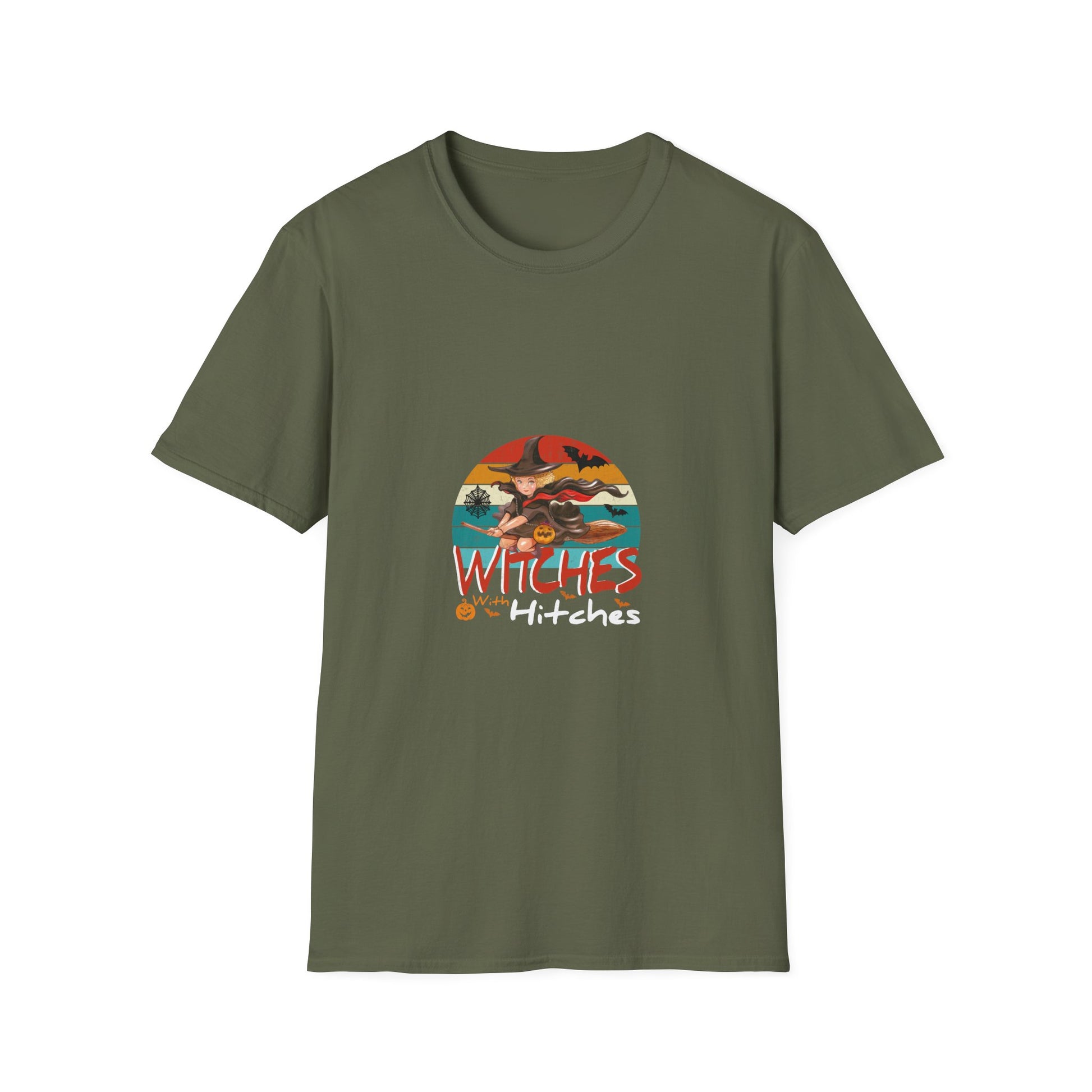 Witches With Hitches Halloween T-Shirt — Retro Witch on Broom Graphic