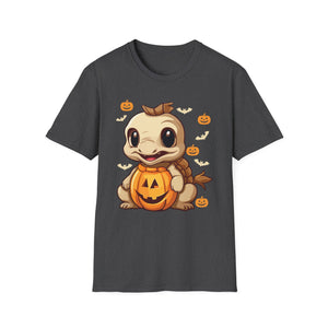 Cute Dinosaur Halloween T-Shirt — Baby Dino with Jack-O'-Lantern Pumpkins
