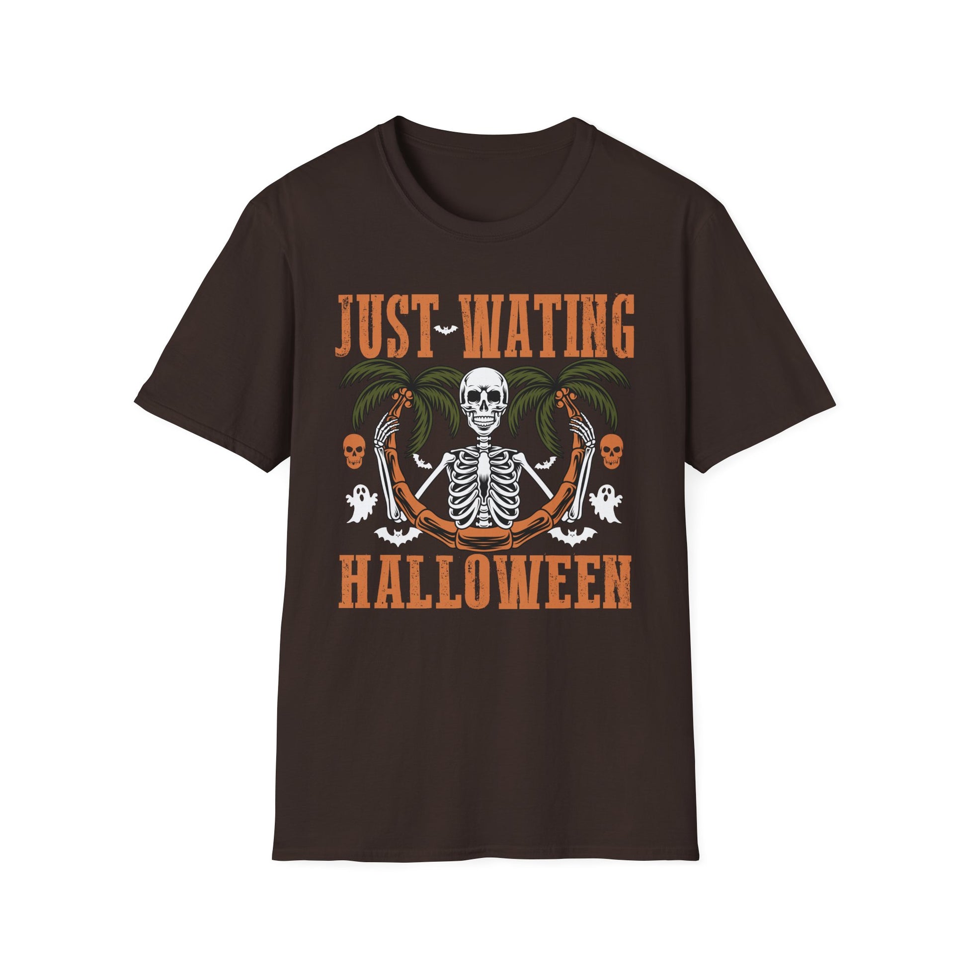 Halloween Skeleton Palm Tree T-Shirt — "Just Waiting Halloween" Graphic Tee