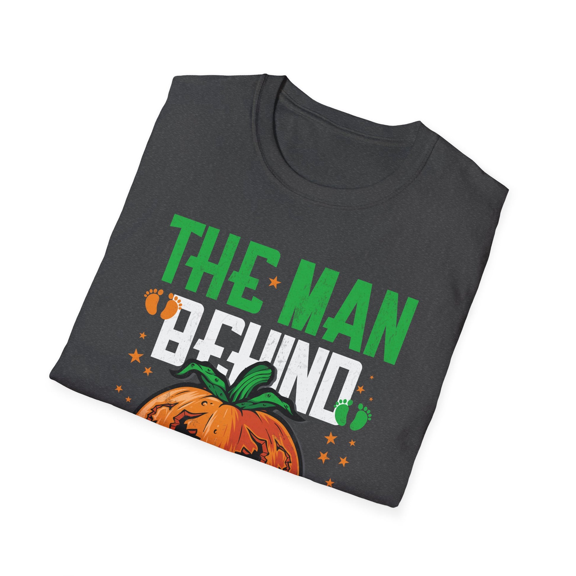 Mens The Man Behind The Pumpkin Dad Halloween Pregnancy Reveal  Unisex Softstyle T-Shirt