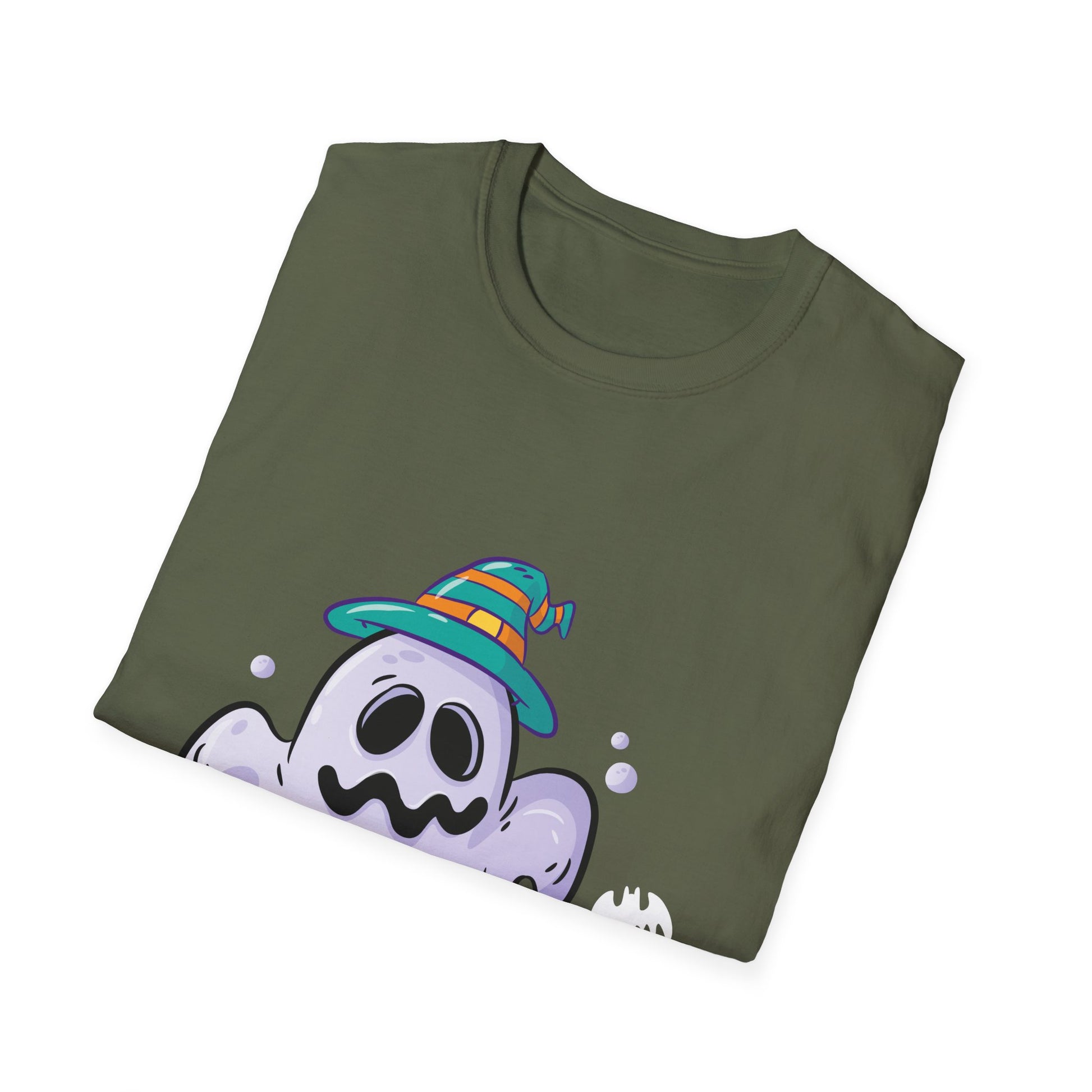 Cute Ghost Halloween T-Shirt – Whimsical Ghost with Striped Witch Hat