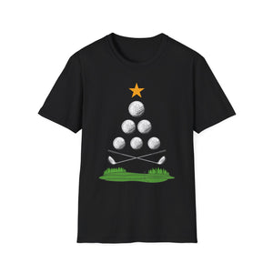 Golf Christmas Tree T-Shirt — Golf Ball Tree with Crossed Clubs Holiday Tee