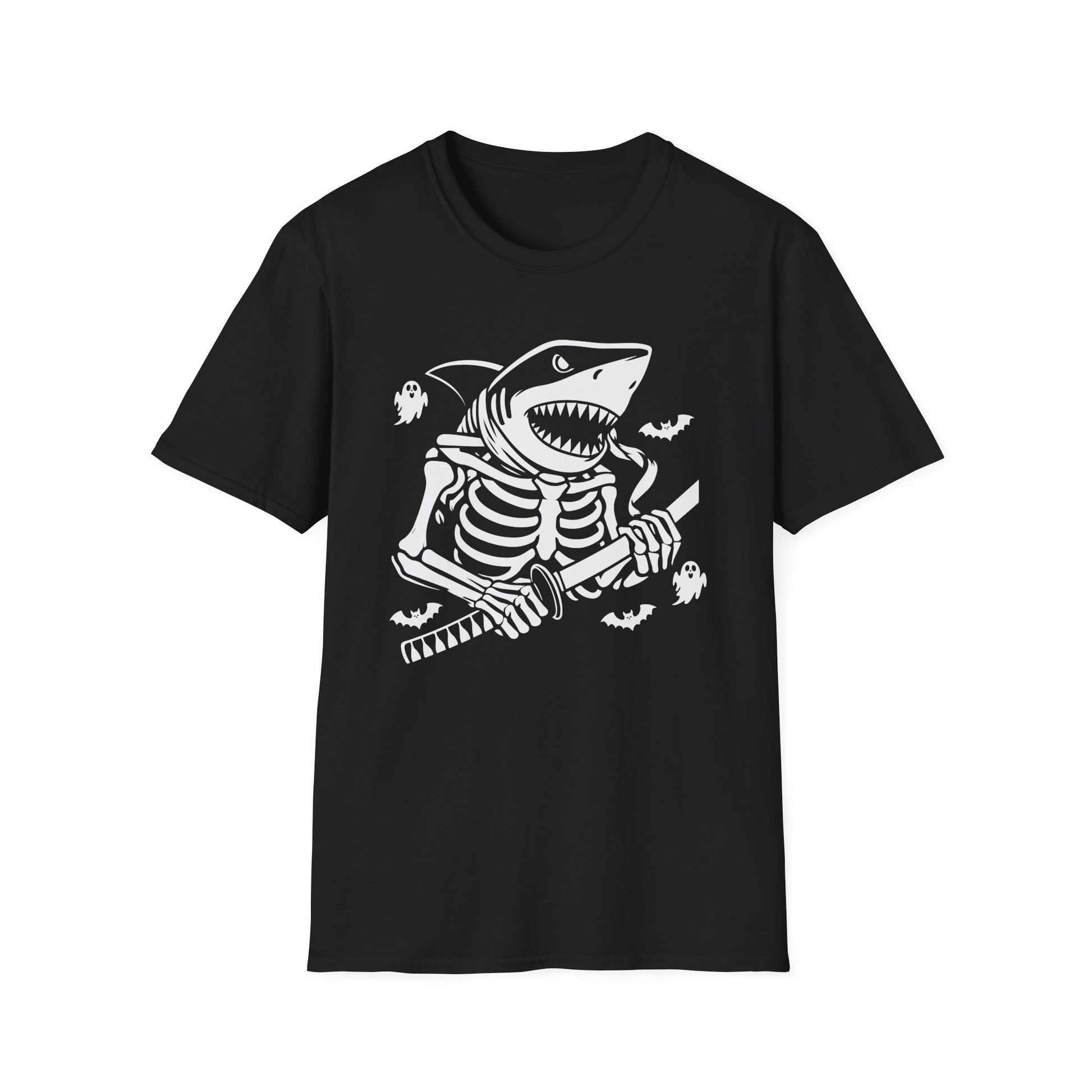Shark Skeleton Samurai T-Shirt — Halloween Pirate Sword Graphic Tee