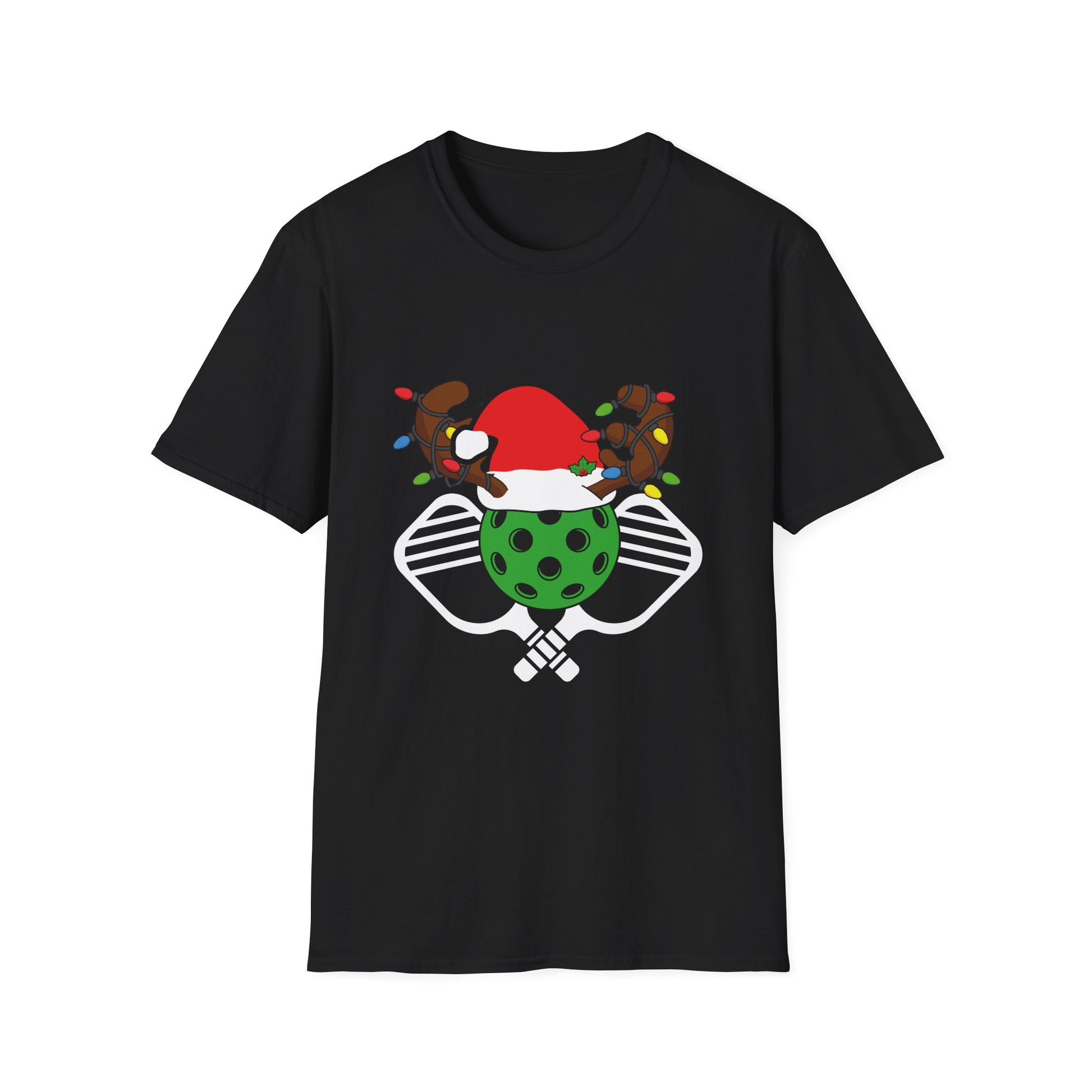 Pickleball Christmas T‑Shirt — Festive Pickleball Ball with Santa Hat & Lights