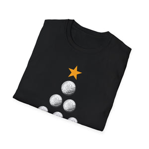 Golf Christmas Tree T-Shirt — Golf Ball Tree with Crossed Clubs Holiday Tee