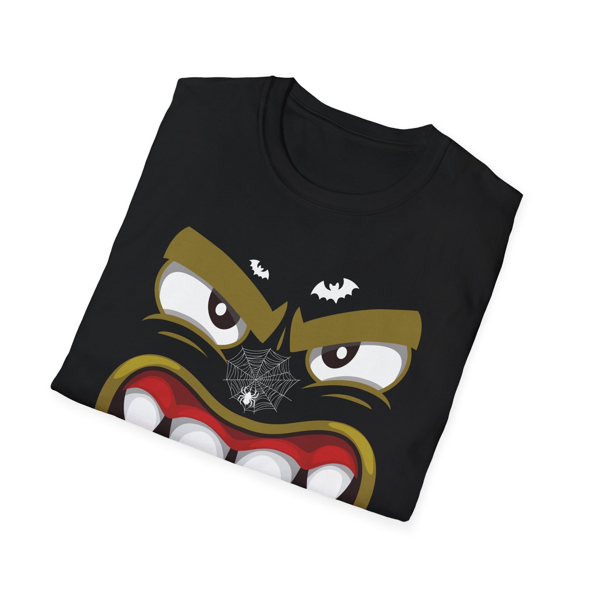 Scary Halloween Monster Face T-Shirt — Creepy Grinning Design with Spider Web