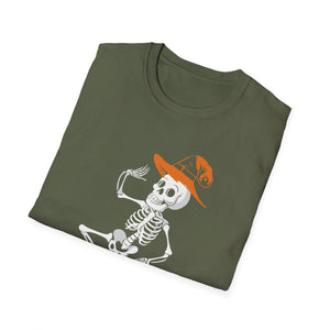 Dancing Skeleton Tee with Orange Witch Hat – Halloween Party T-Shirt