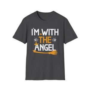 I'm With The Angel Halloween T-Shirt — Funny Witch & Angel Broom Tee
