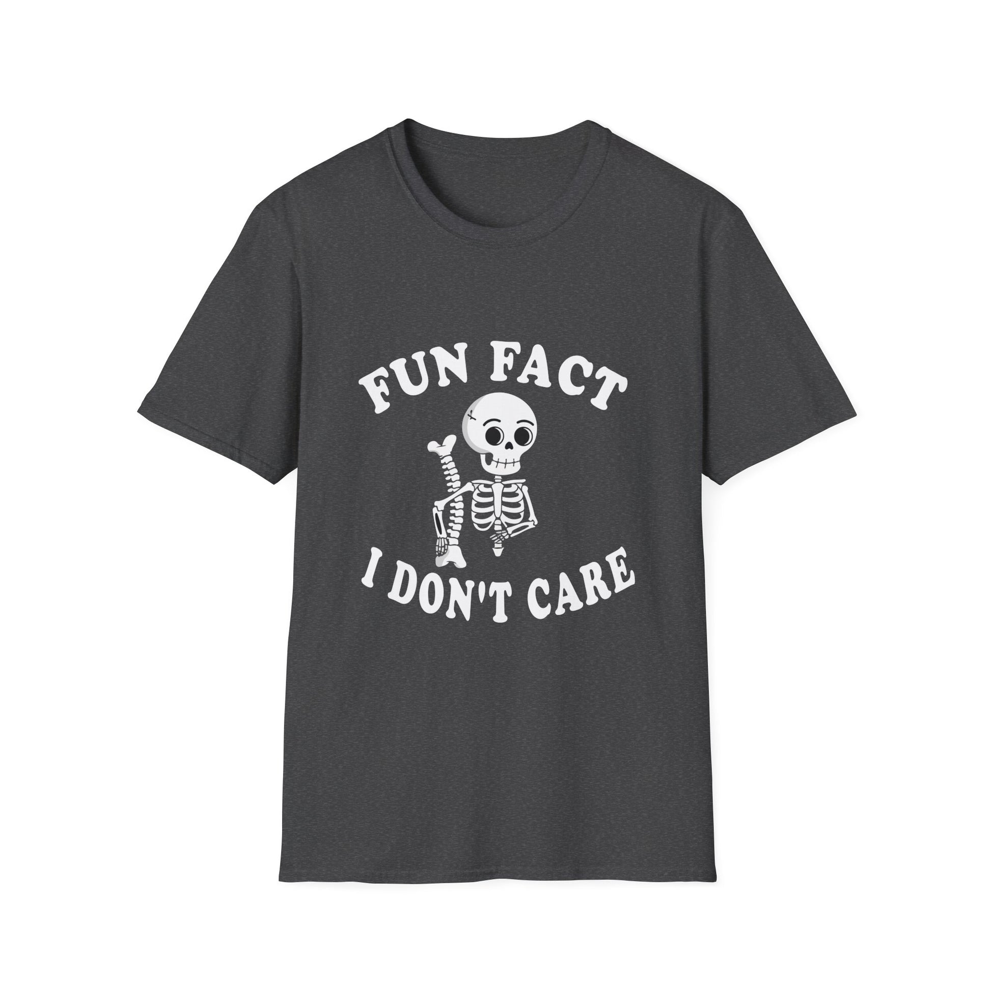 Fun Fact I Don't Care T-Shirt — Skeletal Graphic Tee for Sarcastic Humor & Halloween