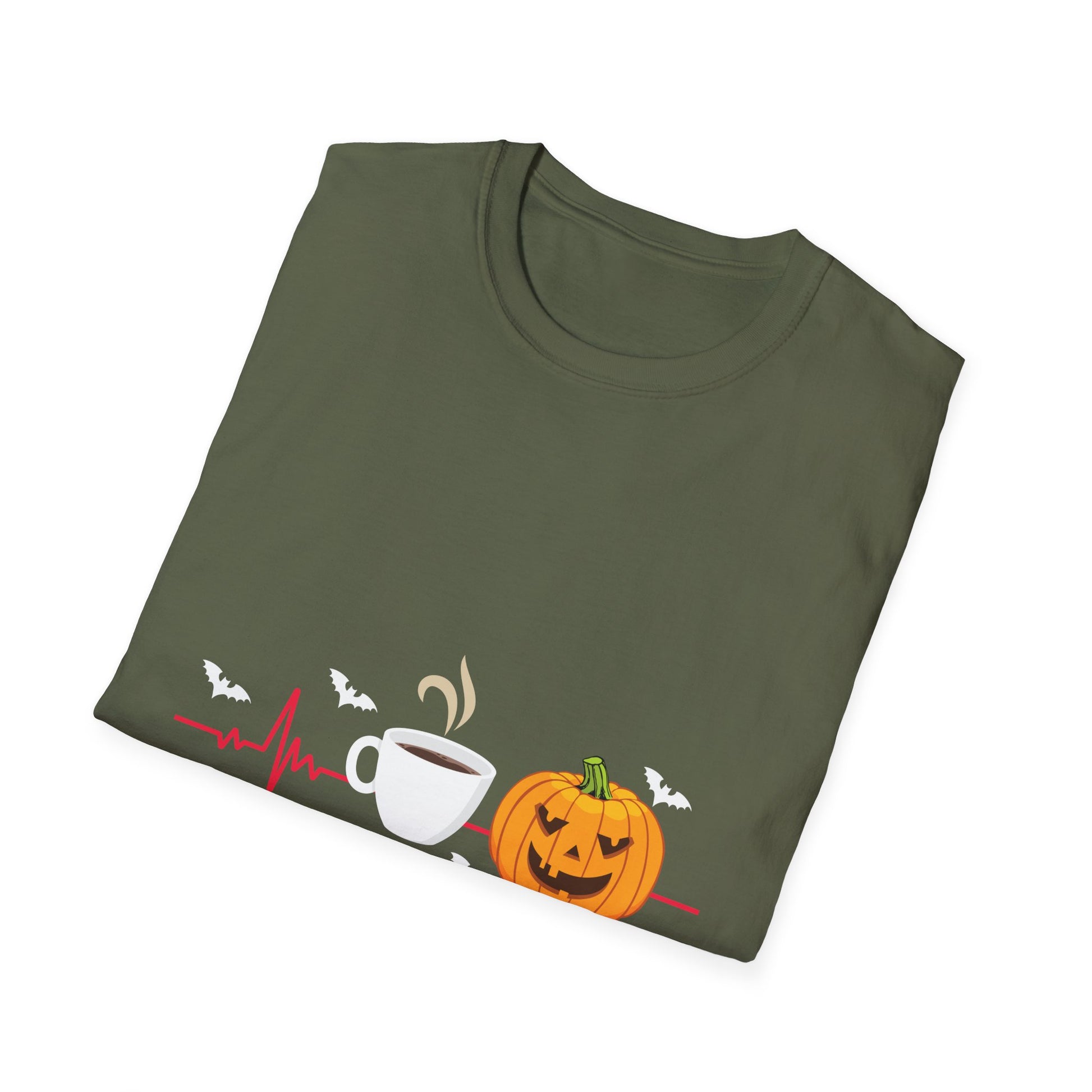Halloween Coffee T-Shirt — Pumpkin, Bat & Heartbeat Graphic Tee