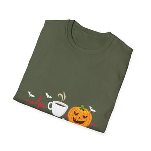Halloween Coffee T-Shirt — Pumpkin, Bat & Heartbeat Graphic Tee