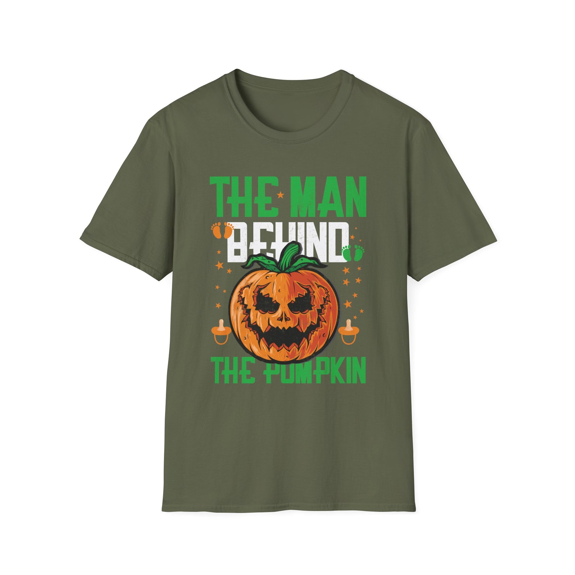 Mens The Man Behind The Pumpkin Dad Halloween Pregnancy Reveal  Unisex Softstyle T-Shirt