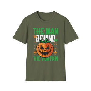 Mens The Man Behind The Pumpkin Dad Halloween Pregnancy Reveal  Unisex Softstyle T-Shirt
