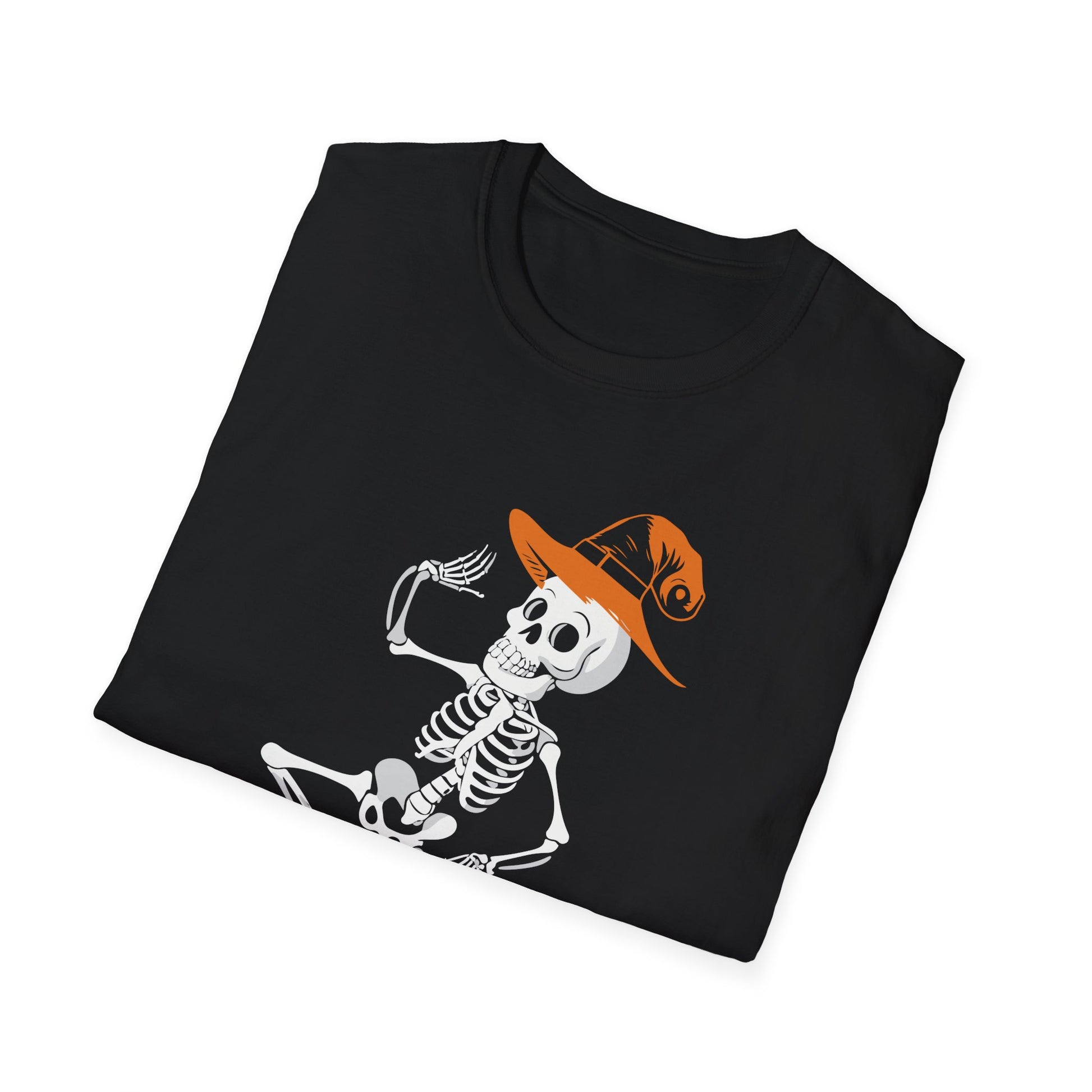 Dancing Skeleton Tee with Orange Witch Hat – Halloween Party T-Shirt